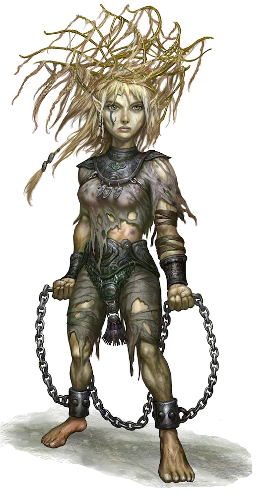 a halfling wearing fetters and rags has a green plant growing in her hair