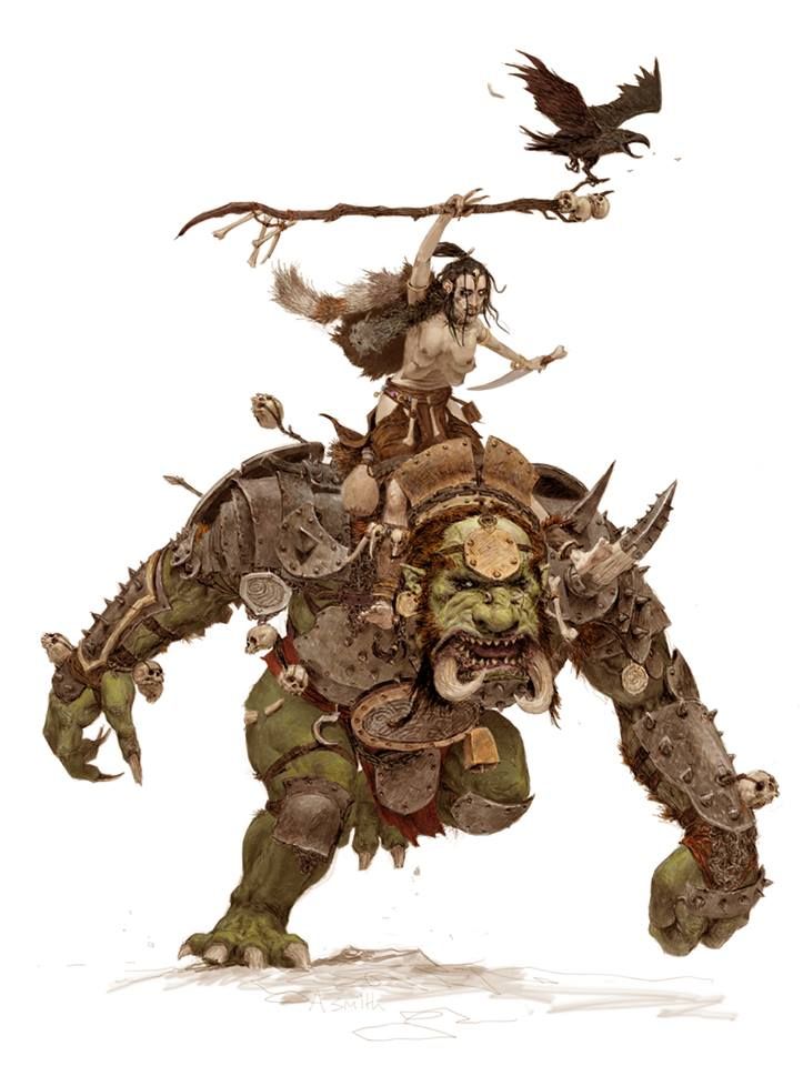 an armoured ogre bedecked in skull talismans wears an armoured saddle on the shoulders upon which a witch rides, wielding a bone dagger in one hand and a staff in the other while a raven flies overhead; the rider has hexamastia which is common in many mammals