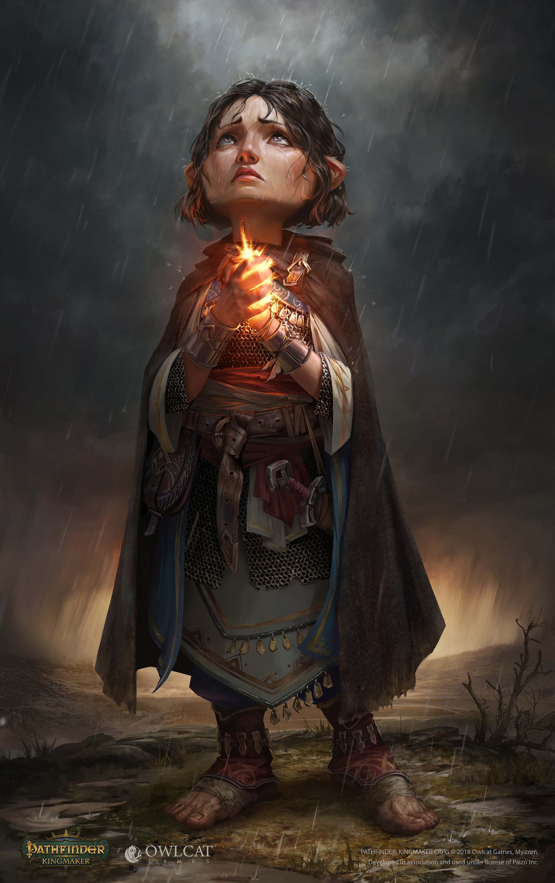 a halfling in chainmail holds a glowing object and looks plaintively up into a rainstorm